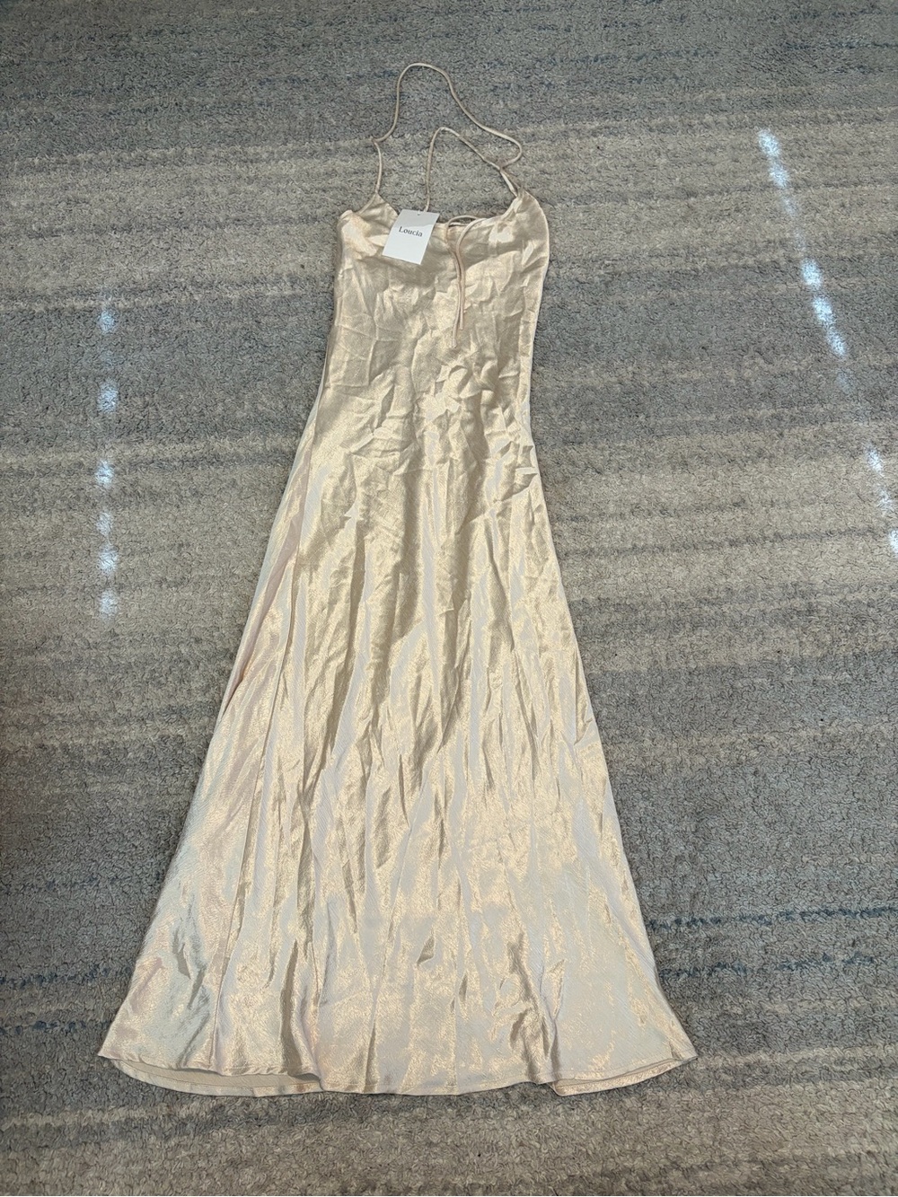 ⁠NWT Loucia Metallic Gold Satin Slip Maxi Dress Small Open Back Strappy Party Pr